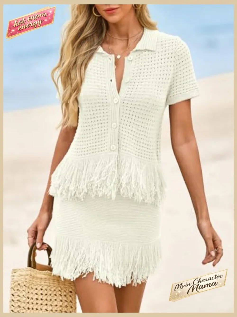 Crochet Button Sweater Fringe Skirt Set Summer Vacation Beach Cover Up - Picture 4 of 7